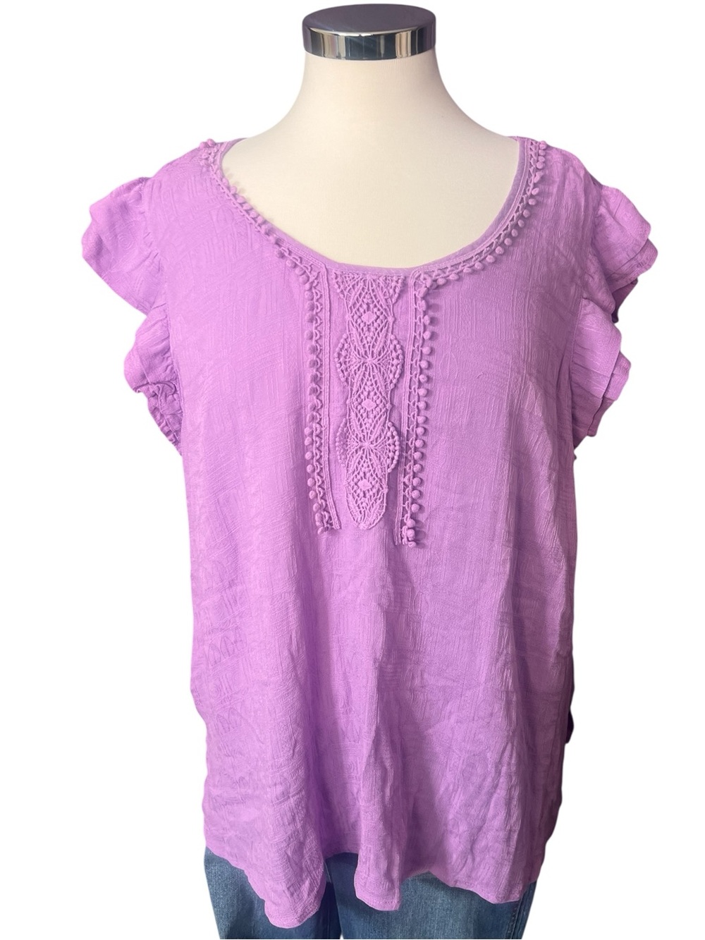 Wit & Wisdom Violet Bloom Crochet Lace Ruffle sleeve top